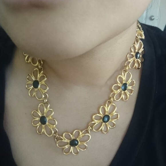 Gold tone Flower Design Runway Necklace - Picture 7 of 8